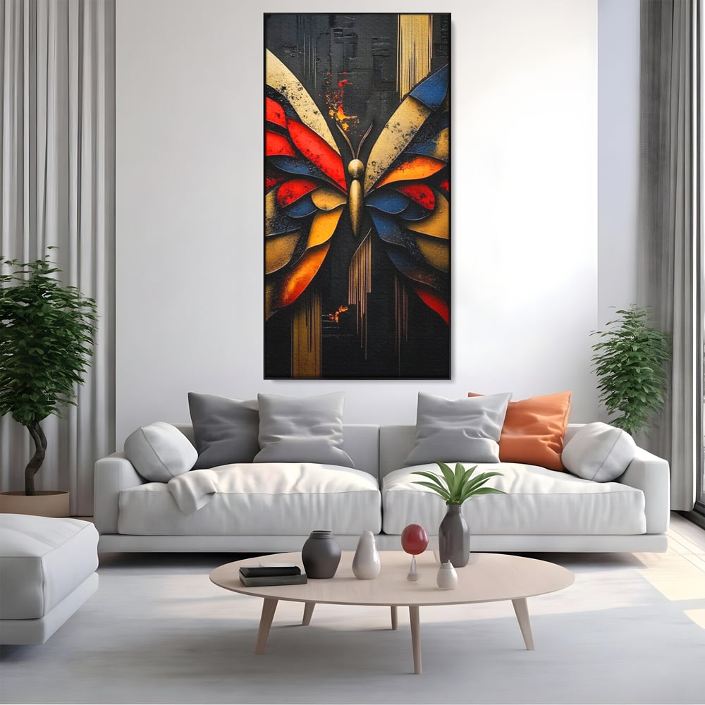 Tablou canvas cu tablou canvas cu fluture abstract, in rama de aluminiu negru, pe perete intr-un living